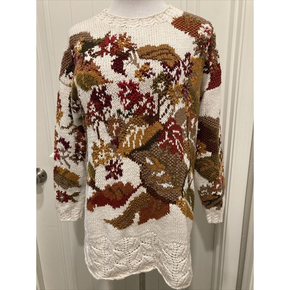 Vtg Casual Corner Tunic Sweater Cream & Fall Leaves SZ L Detail Hem Cottagecore